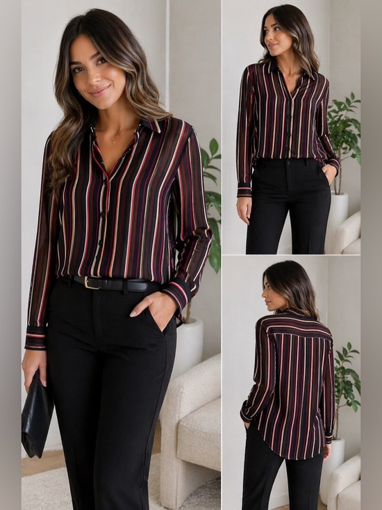 Vince Camuto Tops - Vince Camuto Sheer Striped Blouse Size M Black Pink Gold Button Front Top